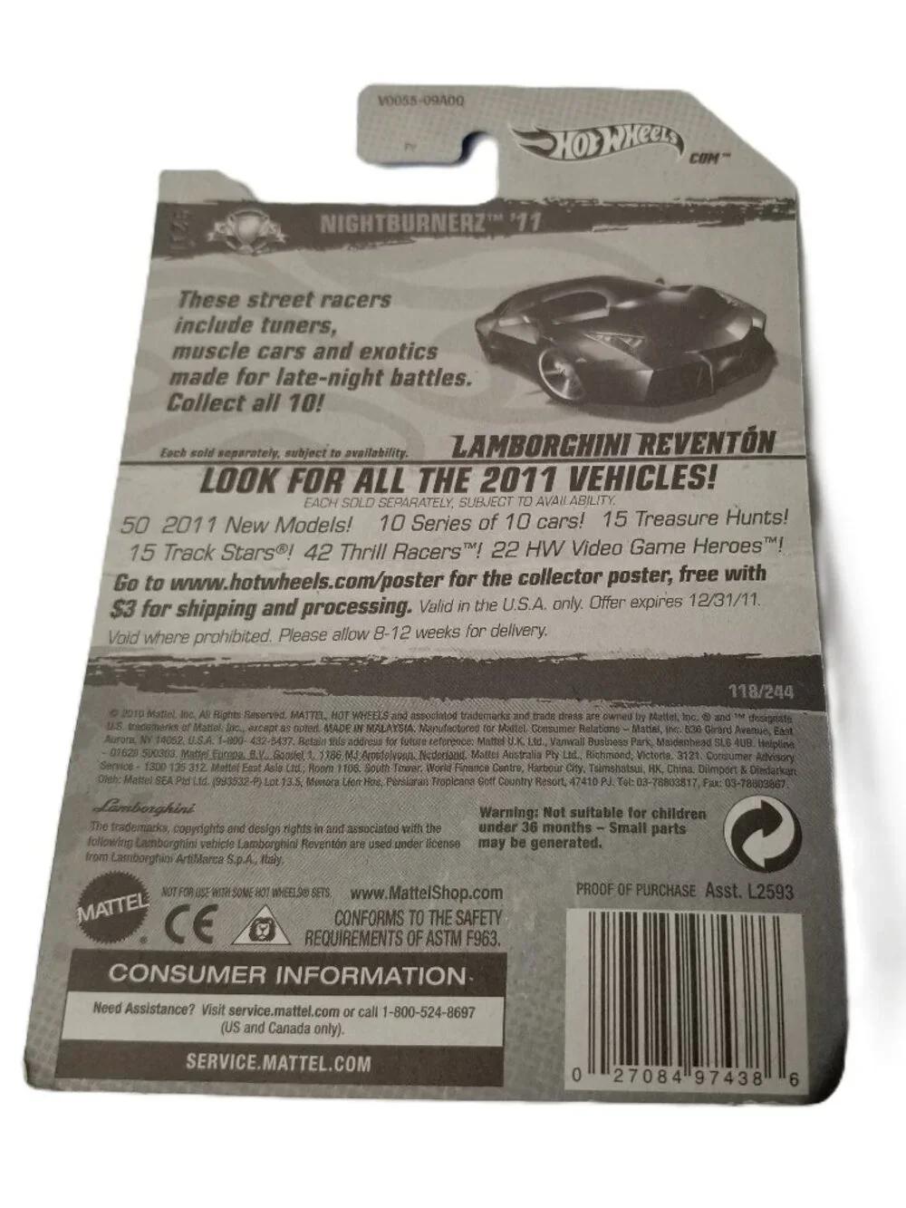 Hot Wheels Lamborghini Reventon Nightburnerz 2011 Black 118/244 Die Cast Car